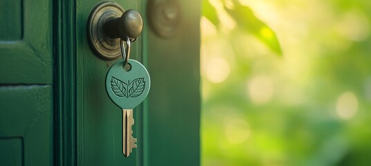 Green key with leaf design in a green door.