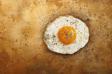 Single fried egg seasoned with pepper on rustic background