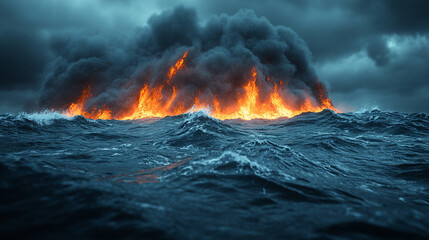 A powerful underwater volcanic eruption sends plumes of smoke and ash into the sky, symbolizing chaos, transformation, and the raw force of nature. The modern bright tone enhances the dramatic scene.
