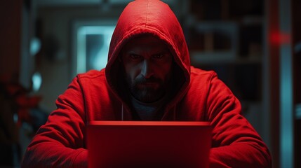 A shadowy figure wearing a red hoodie intensely focuses on a laptop screen in a dimly lit room, evoking themes of cybersecurity, hacking, and digital espionage.