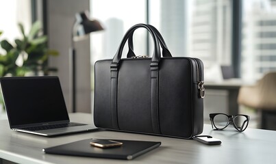 Sophisticated office setup featuring a black leather briefcase and laptop