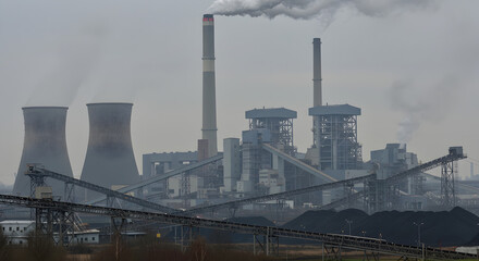 Obraz premium A coal‑fired power plant with towering smokestacks and extensive industrial infrastructure 
