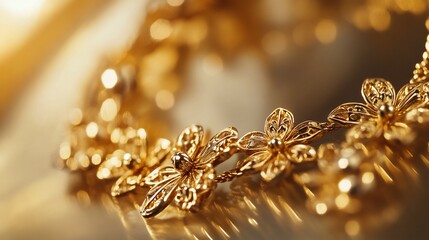 Close-up of a gold necklace with floral design, reflecting light on a golden surface.