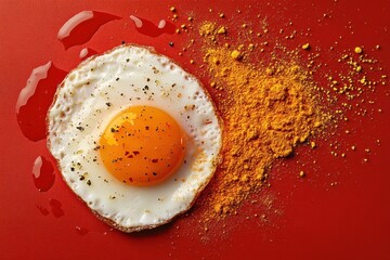 Fried egg with pepper and turmeric on red surface