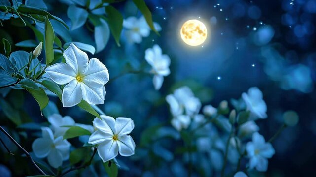 Fragrant white jasmine flower blooming on a vine, with blurred night sky and a glowing moon in the background.