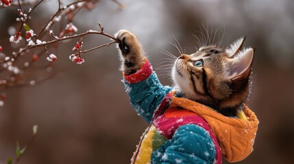 Kitten in Winter Clothing Reaches for Berries