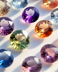 Fototapeta premium Collection of vibrant, cut gemstones arranged on a white surface.