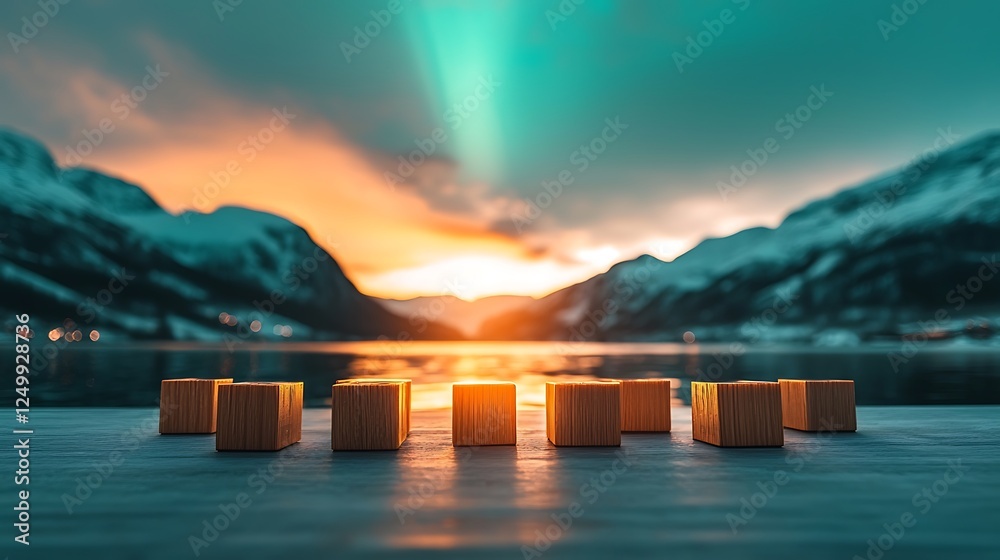 Canvas Prints Wooden blocks arranged along a serene lakeside at sunset with mountains and aurora in background