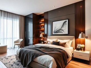Modern bedroom interior with a stylish bed and wall shelf adorned with decorative items, contemporary, modern, bedroom