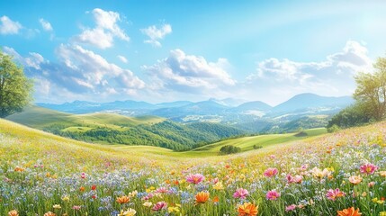 Obraz premium Beautiful Spring Landscape with Vibrant Wildflowers Blooming in a Lush Green Meadow