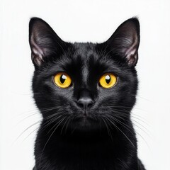 Black Cat Portrait Isolated on Pure White Background with Clean Cutout for Commercial Use