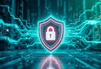 A digital shield with a lock symbol represents cybersecurity concerns and information security risks in a virtual environment.