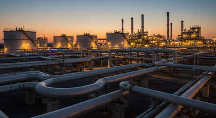 A contemporary natural gas power station defined by an intricate network of pipelines and tanks
