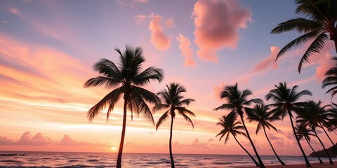 Fototapeta na wymiar Vibrant sunset casting warm golden light over palm-lined tropical beach, palm trees, horizon, ocean