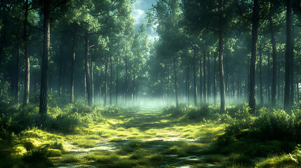 Obraz premium Sunlight Path Through Lush Green Forest
