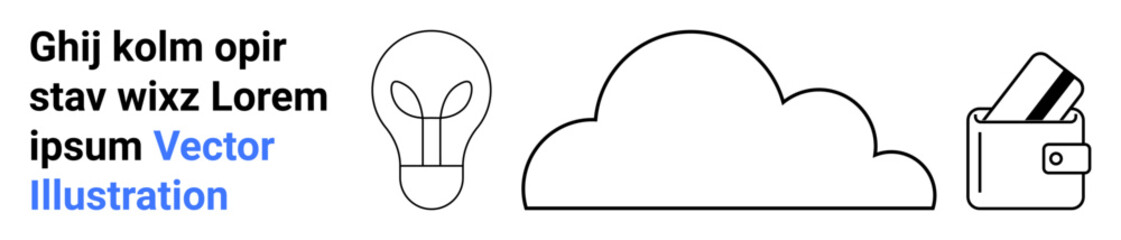 Light bulb outline, cloud shape, and wallet holding cards represent ideas, data storage, finance. Ideal for tech, finance, innovation data storage cloud computing business education. Landing page