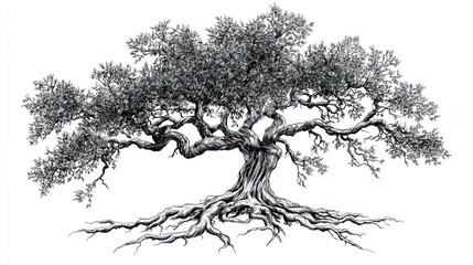 Ancient Olive Tree, Roots Exposed, Mediterranean Landscape, Nature Illustration, Botanical Art