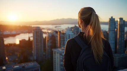 Fototapeta premium Woman Rooftop Sunset Cityscape View