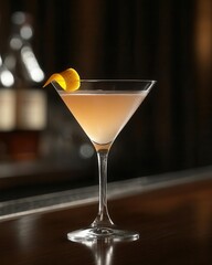 Cosmopolitan Cocktail Served in a Stylish Glass at a Dimly Lit Bar, Moody Atmosphere with Warm Tones for Late-Night Vibes