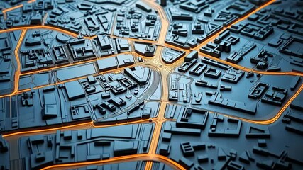 Interactive 3D map of urban area, modern design with dynamic overlays