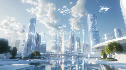 Naklejka premium Concept of building a virtual city with holographic skycrapers. metaverse or augmented reality. 3d rendering. holographic city. illustration. Augmented Reality Worlds. Illustration