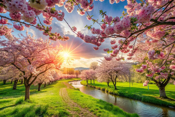 Fototapeta premium Spring Cherry Blossoms Sunset Park Pathway