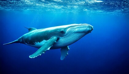 Fototapeta premium Majestic Blue Whale Underwater – Gentle giant in dreamy ocean blues with empty copy space