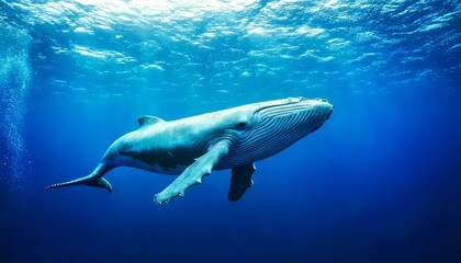 Fototapeta premium Majestic Blue Whale Underwater – Gentle giant in dreamy ocean blues with empty copy space