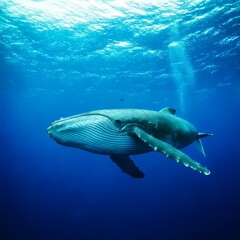 Fototapeta premium Majestic Blue Whale Underwater – Gentle giant in dreamy ocean blues with empty copy space