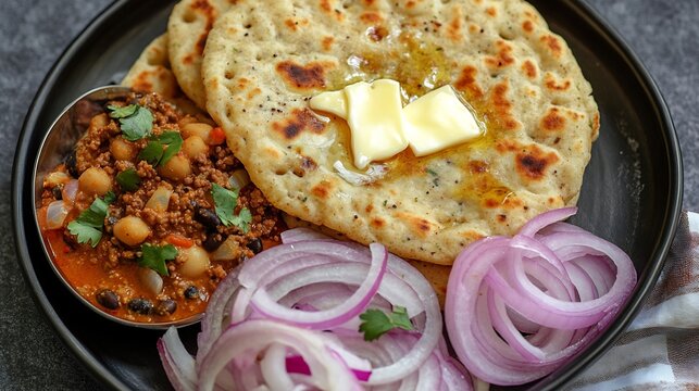Top view of amritsari kulcha Stuffed Flatbread sprinkled butter served with spicy chole and sliced onions