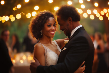 Happy African-American bride dancing with her father at wedding reception, father daughter dance