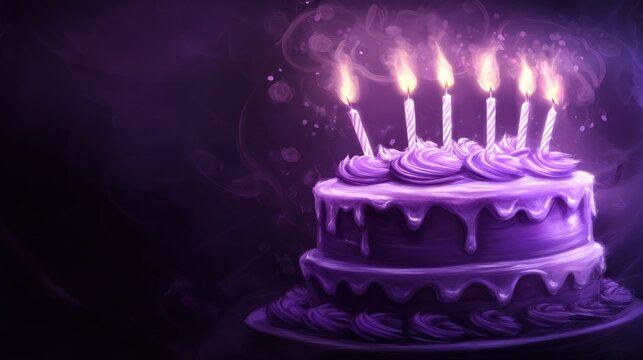 A purple birthday cake with lit candles.