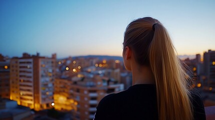 Woman Rooftop Sunset Cityscape Contemplation