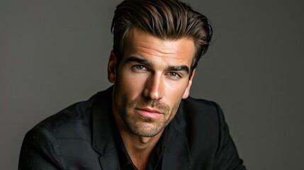 Obraz premium A confident headshot of a man in his 30s with a neatly combed hairstyle, wearing a black suit jacket, exuding professionalism and poise.