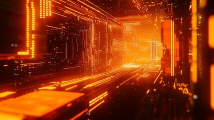 Abstract orange glowing digital tunnel.