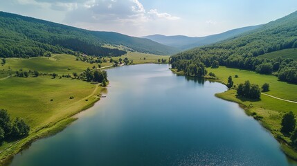 Fototapeta premium Serene lake reflection nature landscape tranquil environment aerial view scenic beauty in the mountains