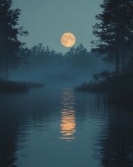 Full Moon Reflection Over Calm Lake at Night, Mystical Nature Scene for Wellness and Meditation Content