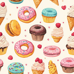 Seamless Pattern Watercolor Ethereal Watercolor Petals, Collection Set, Delicious desserts pattern sweet treats food illustration vibrant colorful background overhead view fun concept art