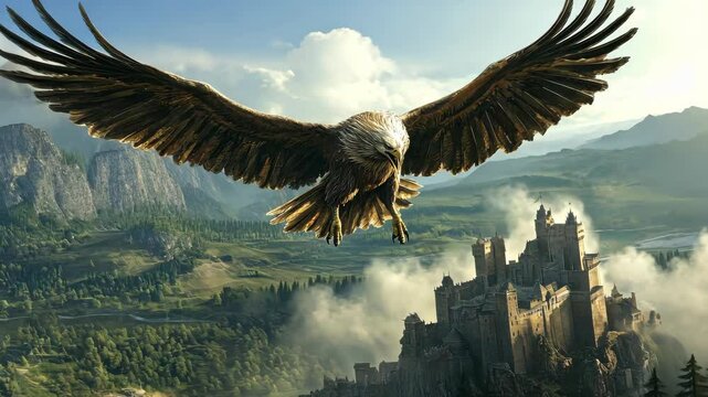 Hippogriff soaring above a medieval castle, its eagle wings spread wide, talons gleaming as it glides over rolling hills
