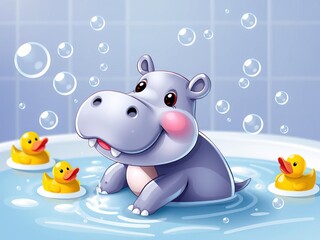 A whimsical baby hippo with a snarky expression enjoying bubbles and rubber ducks in a vibrant, colorful bathroom setting, baby hippo, bubbles, colorful