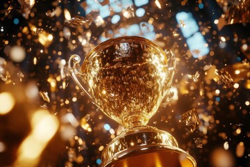 Golden Champion Award Trophy on Pedestal with Confetti Celebration Background for Sports and Corporate Events