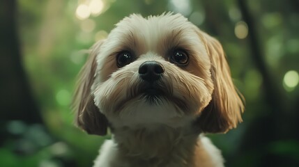 Adorable small dog with fluffy fur and expressive eyes looking curiously at the camera in a lush green forest setting, natural lighting creating a soft focus effect