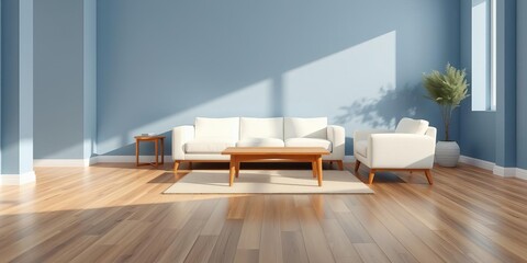 Modern mid century minimalist living room with white sofa, wood table, blue wall, and wood floor in 3D render, minimalist interior, wood floor, white sofa