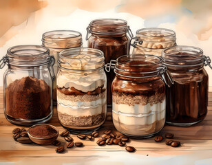 Watercolor painting of seven jars filled with layered ingredients, coffee beans, and cocoa powder on a wooden table