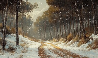 Snowy path through pine forest, mountain view. Winter landscape for calendar, postcard