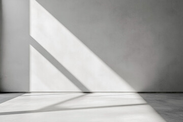 Sunlight casting sharp shadows across a textured white wall in an empty space
