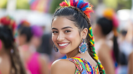 Fototapeta premium Colourful hair woman wearing colorful huipil smiling enjoy vacation at street festival