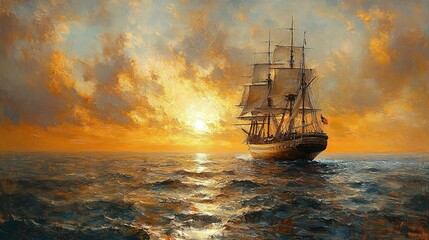 Fototapeta premium Majestic Sailing Ship at Sunset on the Ocean