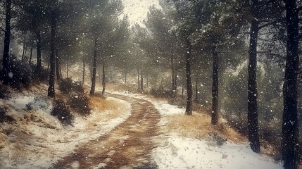 Fototapeta premium Snowy path winding through pine forest. Winter landscape background for travel brochures