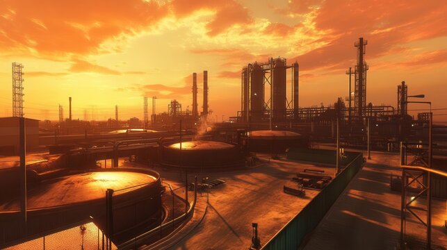 Industrial Factory and Oil Refinery at Dusk, Energy Production Infrastructure for Sustainability Reports